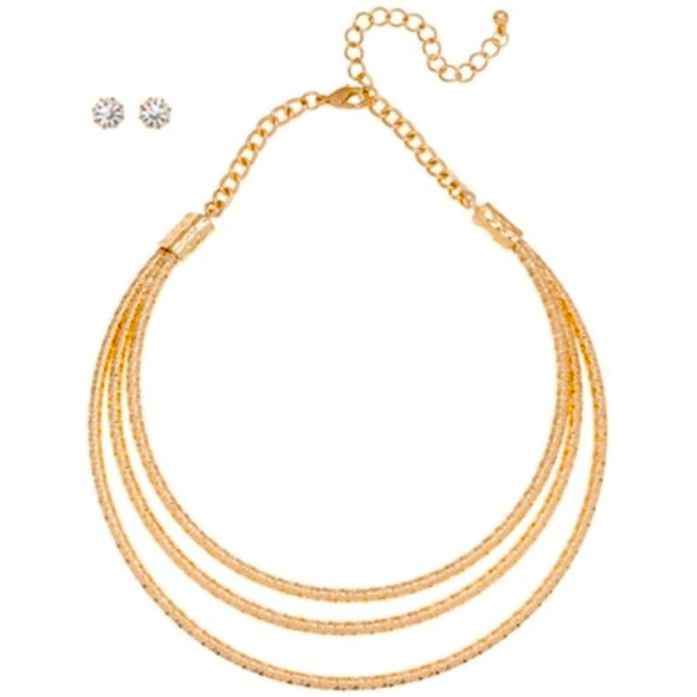 Ect 2PC Gold Plated Jewelry-Chocker Necklace w/Zirconia Earrings